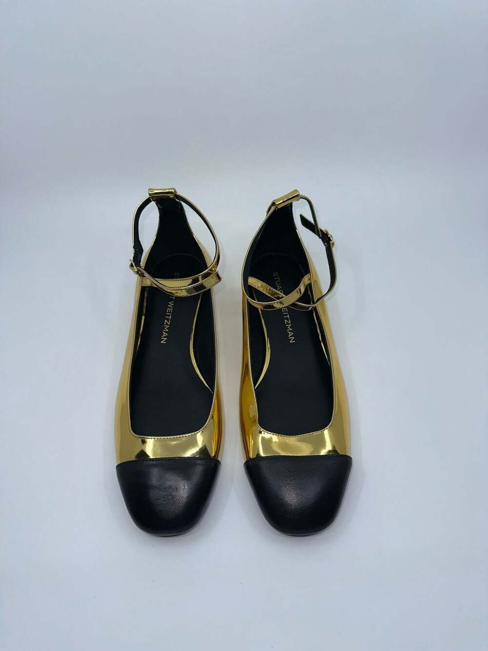 Stuart Weitzman Gold Metallic Mary Jane Flats with Black Cap Toe